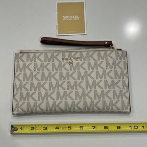 Michael Kors - NWT- Beige MK Logo Wristlet with Brown Trim